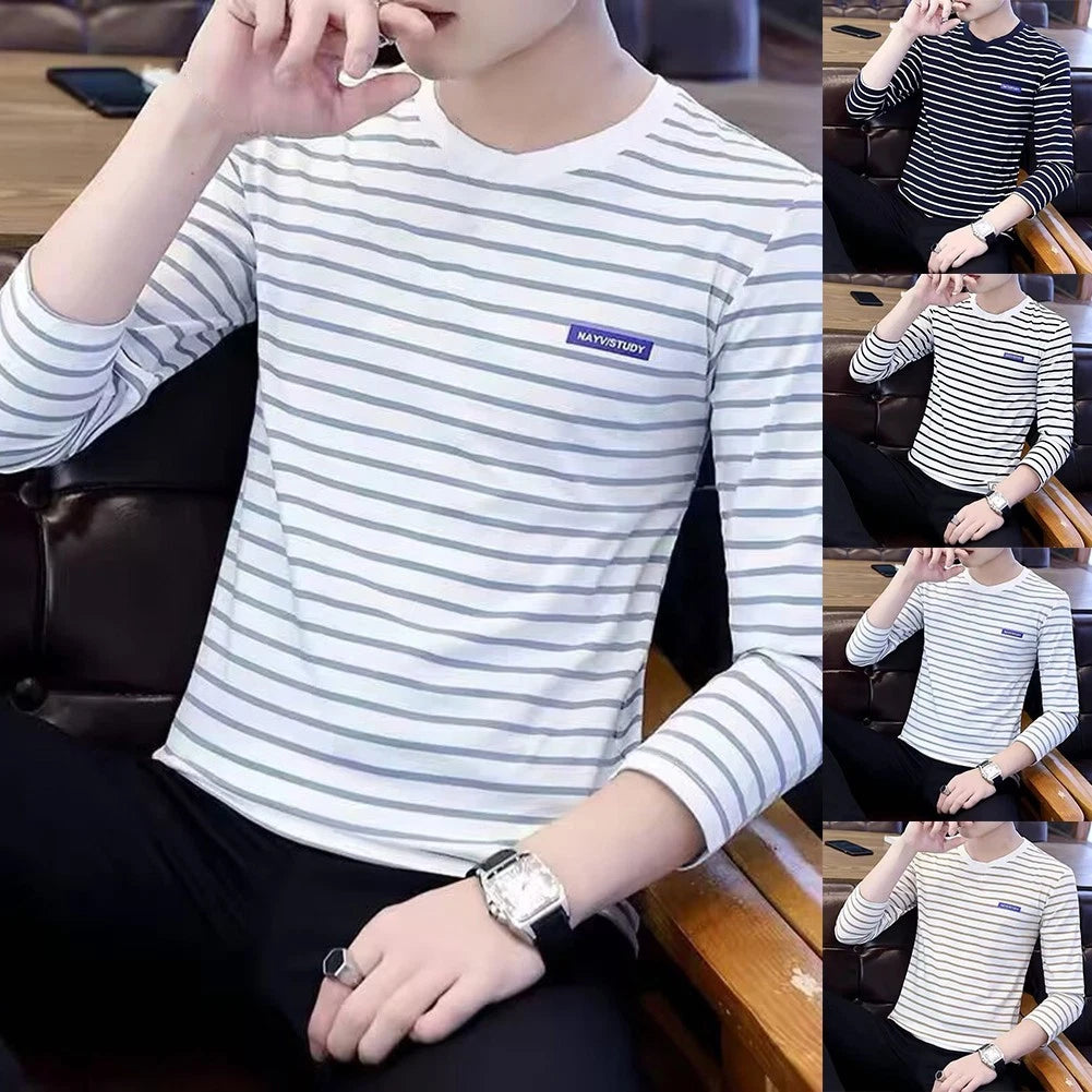 Korean Styled Long Sleeve Stripe T-Shirt for Men Round Neck Casual Base Layer