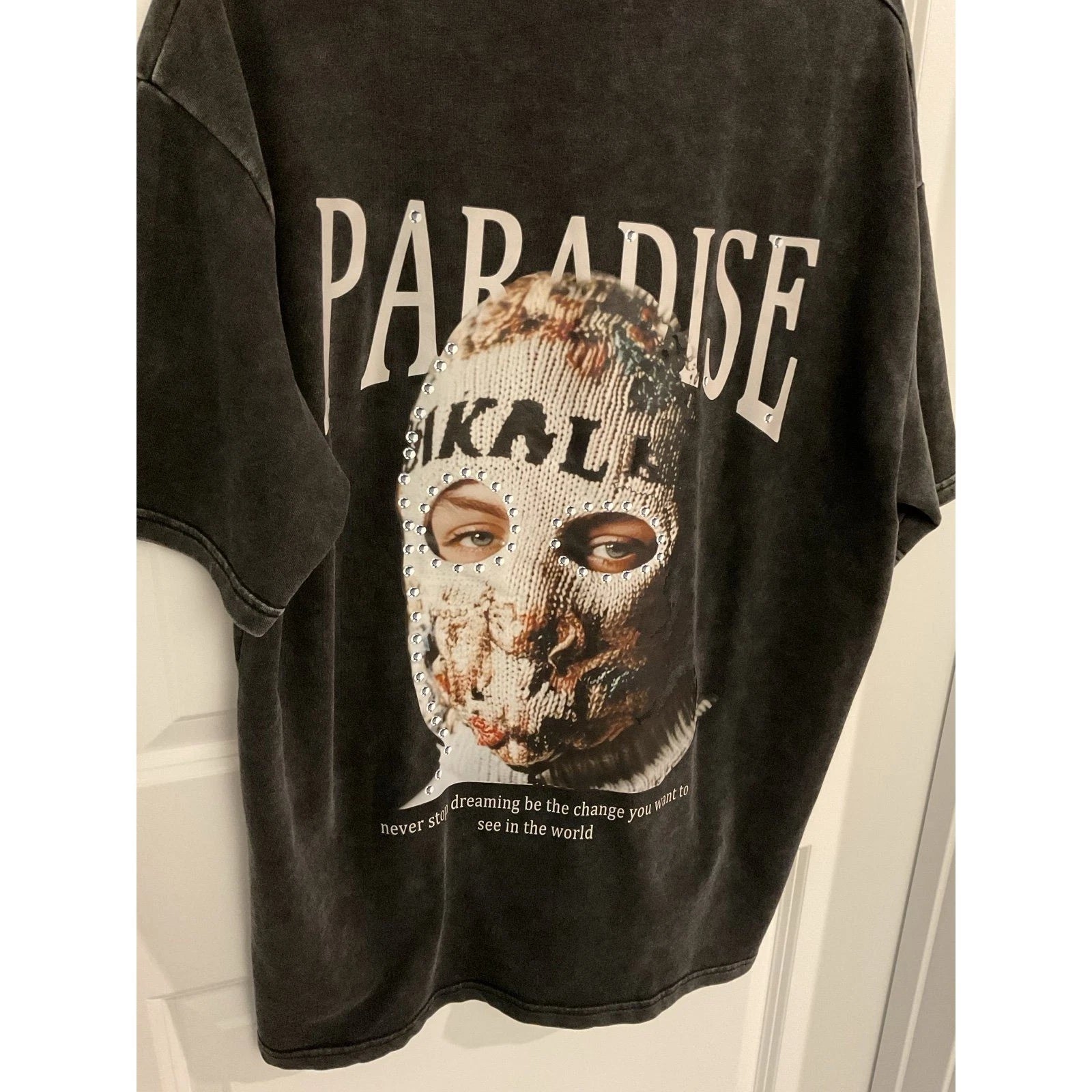 PARADISE Graphic T Shirt Mens Black Washed Oversized Fit Size L