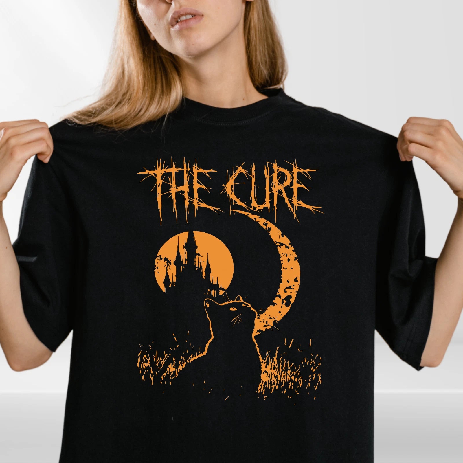Vintage Cat Moon Graphic T Shirt Gothic Cat Lover Retro Music Inspired Women tee