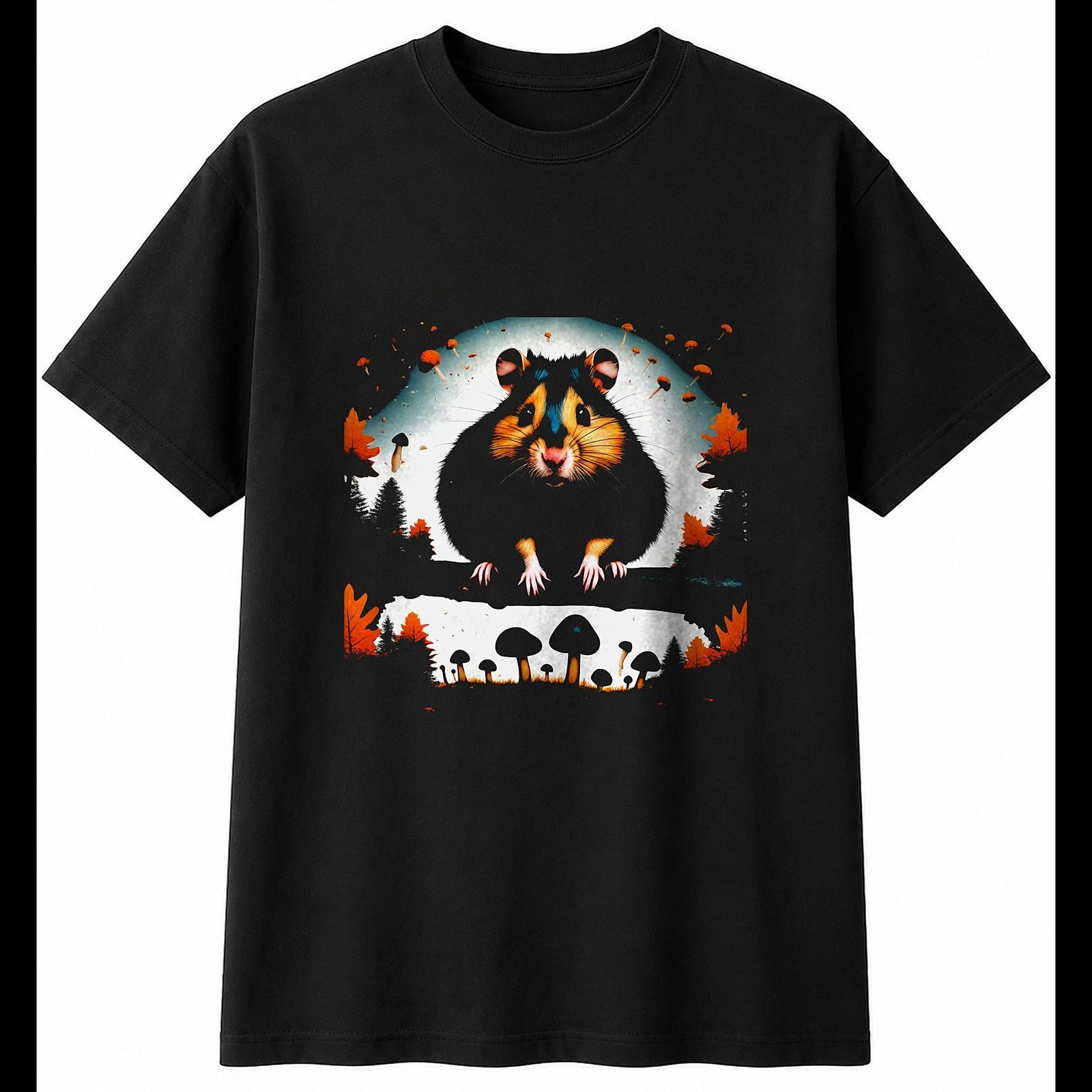 Double Exposure Syrian Hamster with Mushrooms Cute Mens T-Shirt Black Kawaii