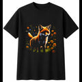 Detailed Fox Cub with Flowers Cute Mens T-Shirt Black 100% Cotton Kawaii Tee