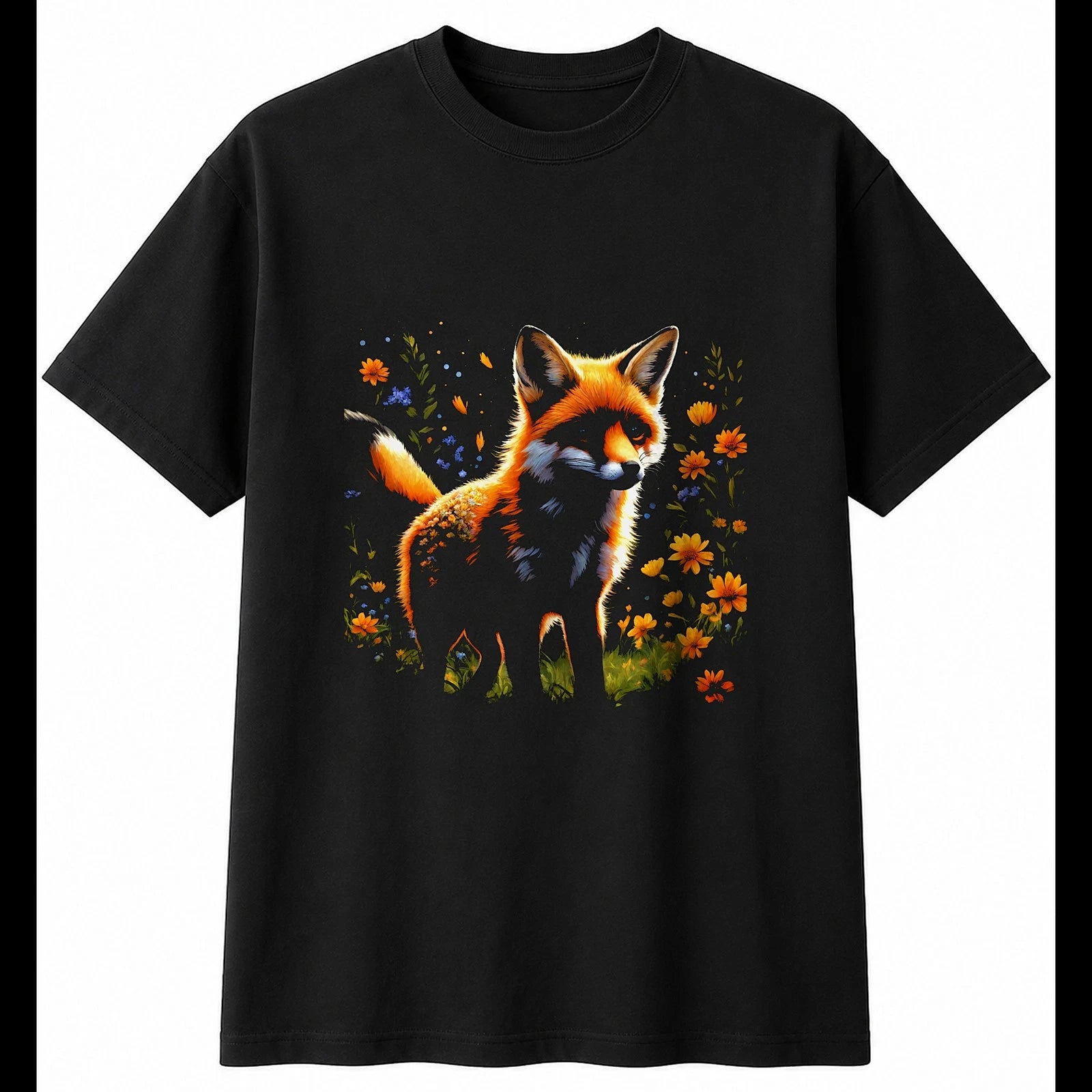 Detailed Fox Cub with Flowers Cute Mens T-Shirt Black 100% Cotton Kawaii Tee