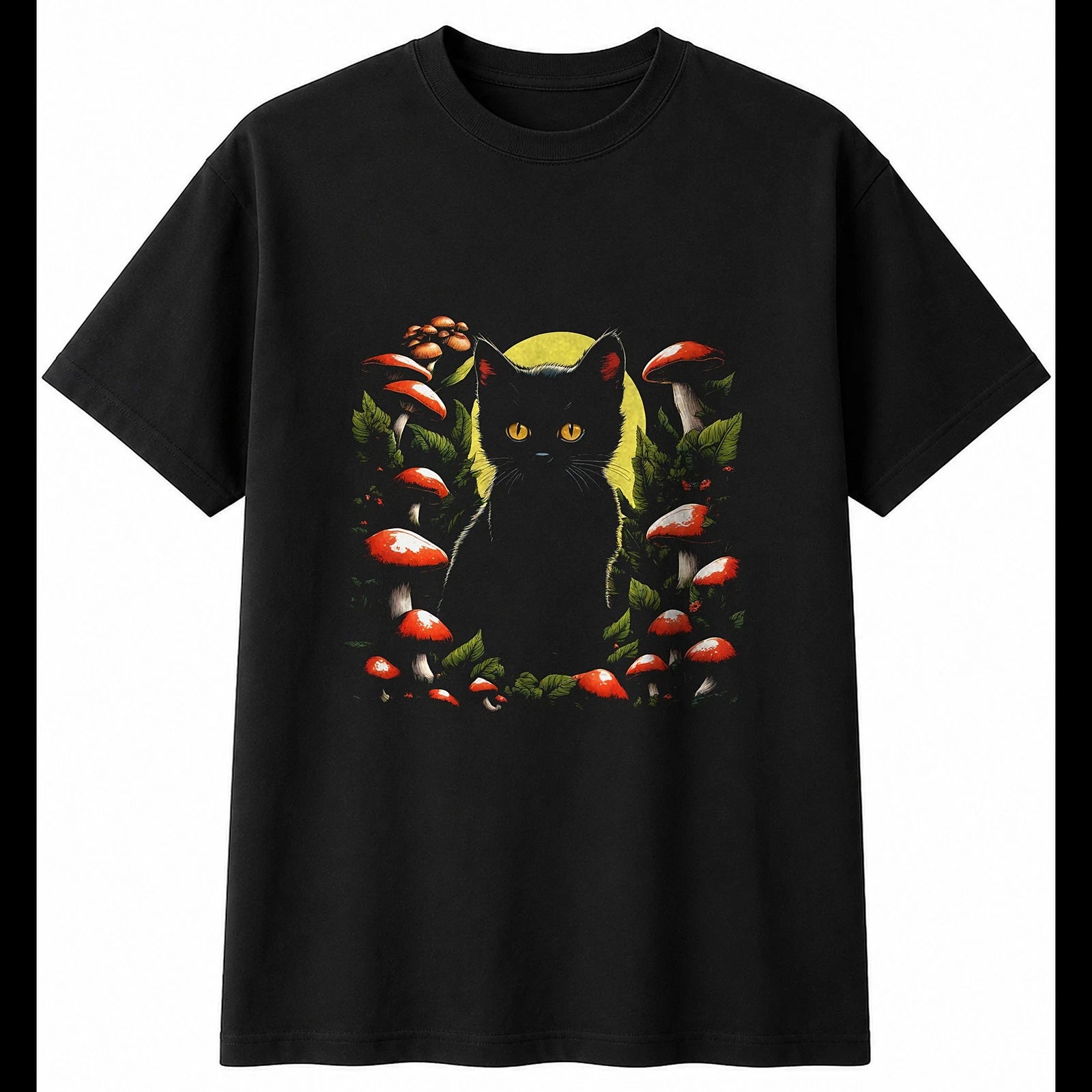 Botanical Kitten with Mushrooms Cat Cute Mens T-Shirt Black 100% Cotton Kawaii