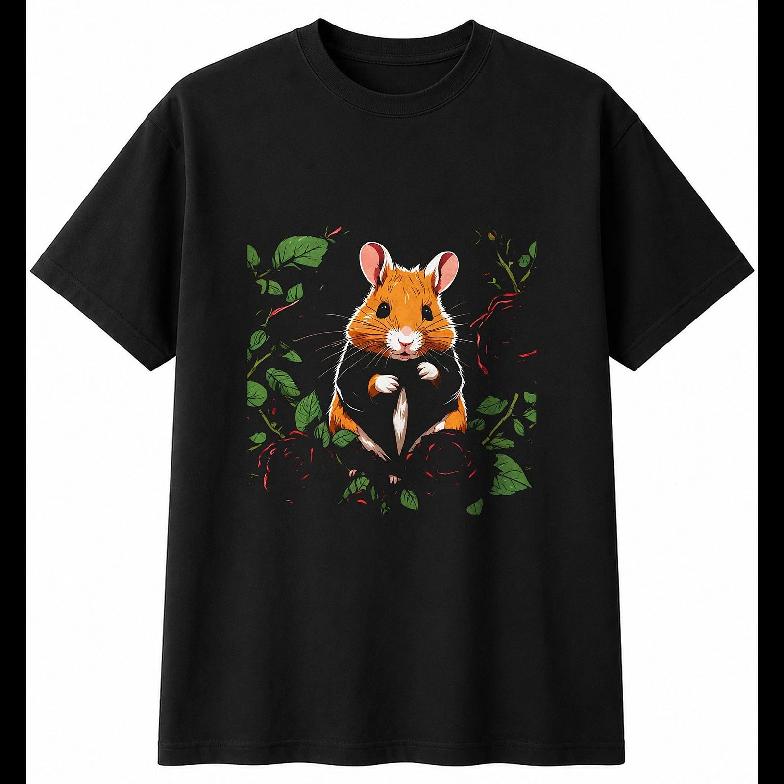 Anime Syrian Hamster with Roses Cute Mens T-Shirt Black 100% Cotton Adorable