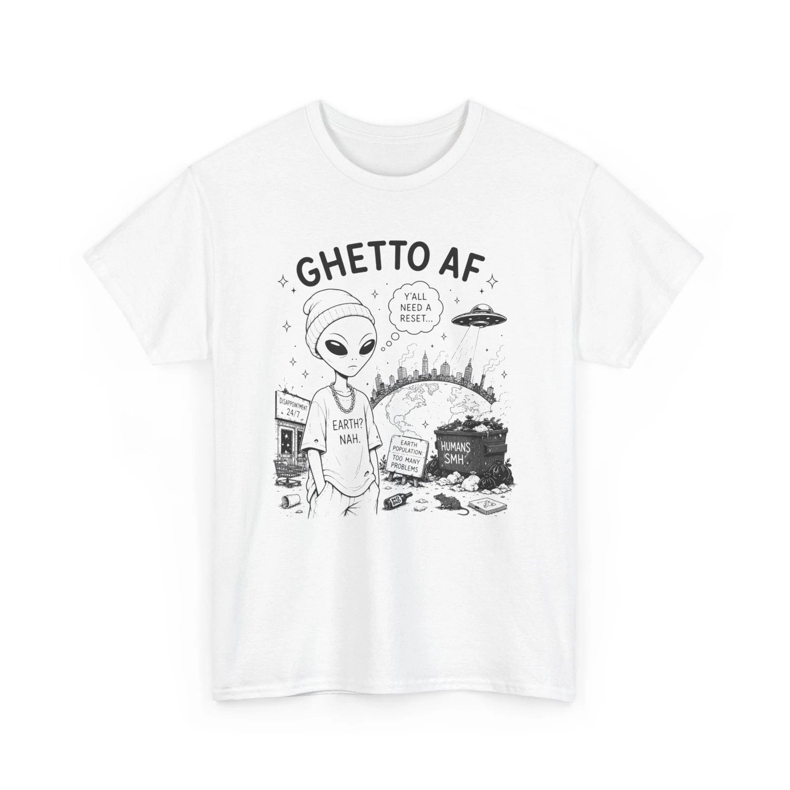 FunnyGhetto AF Alien Illustration Tee | Earth Urban UFO, Cityscape