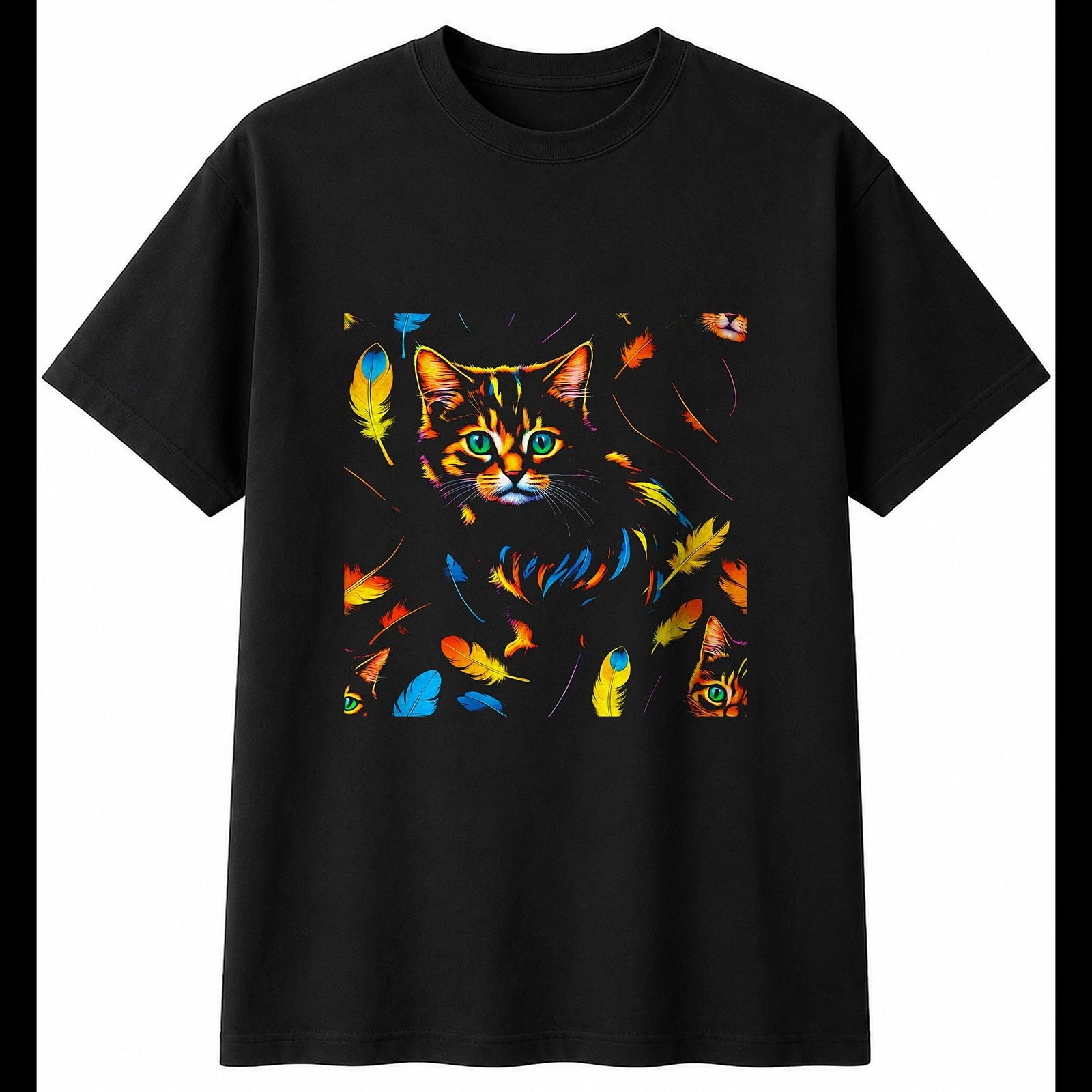 Neon Kitten with Feathers Cat Mens T-Shirt Black 100% Cotton Kawaii Graphic Tee