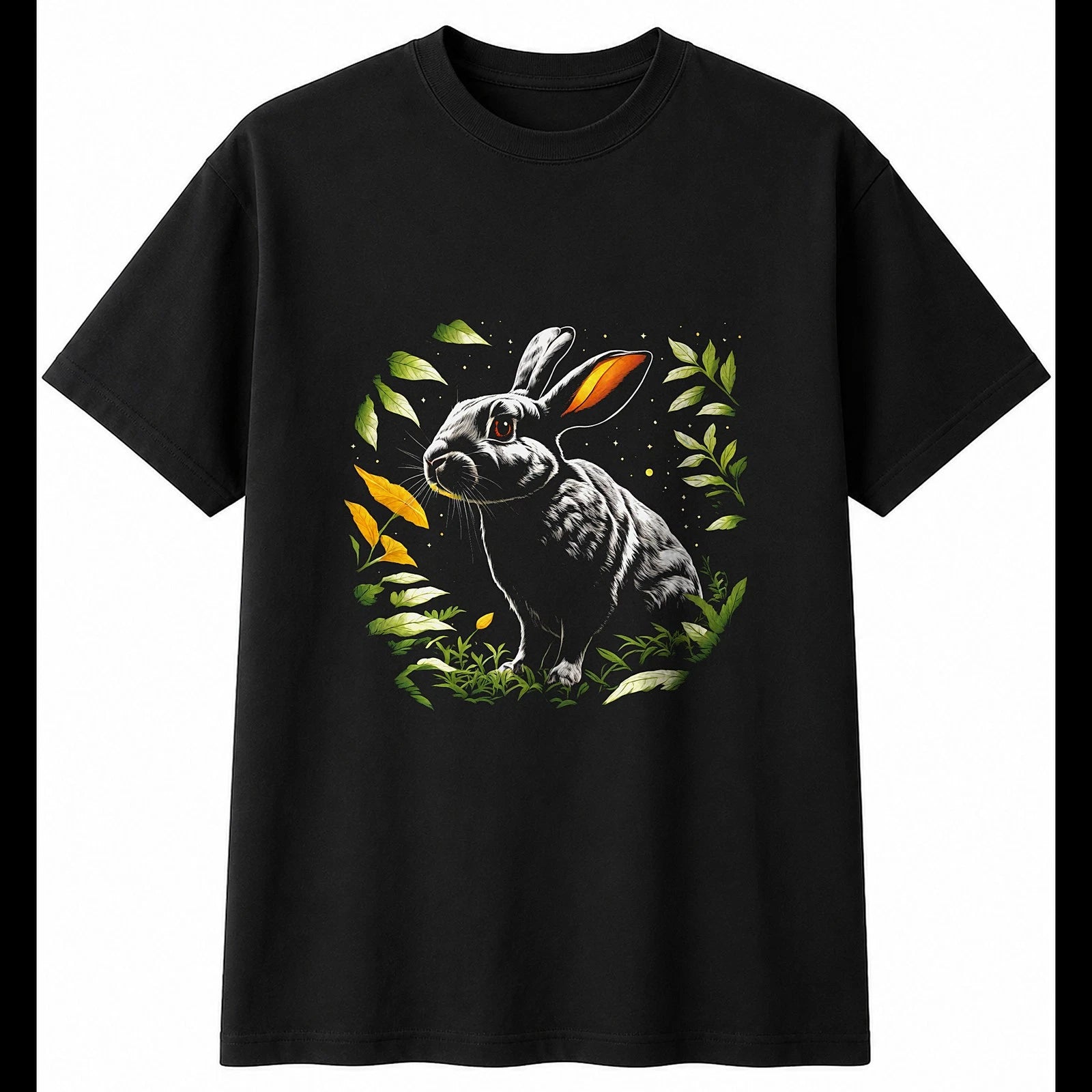 Botanical Rabbit Sunbeams Cute Mens T-Shirt Black 100% Cotton Novelty Kawaii