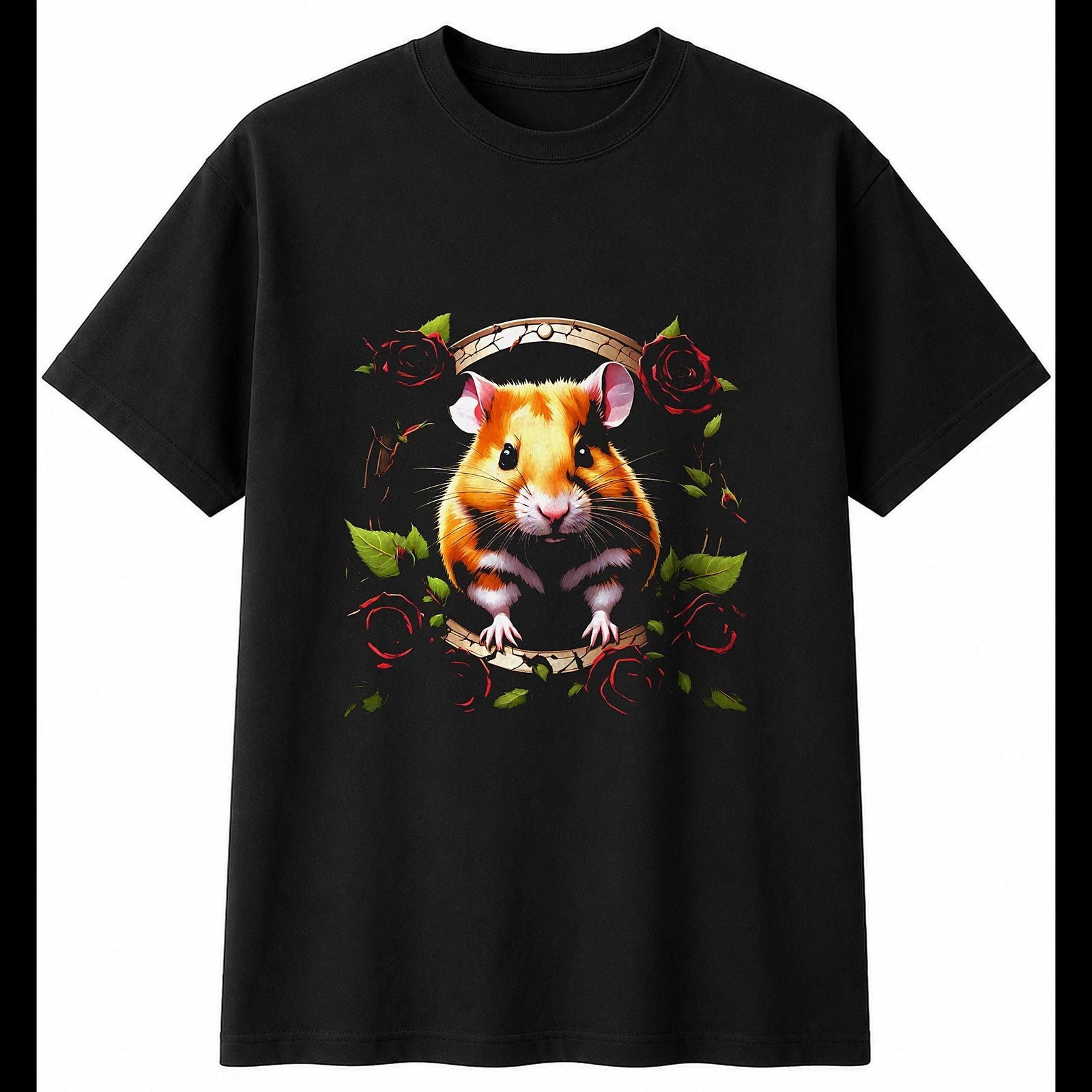 Hamster with Roses Cute Mens T-Shirt Black 100% Cotton Novelty Kawaii