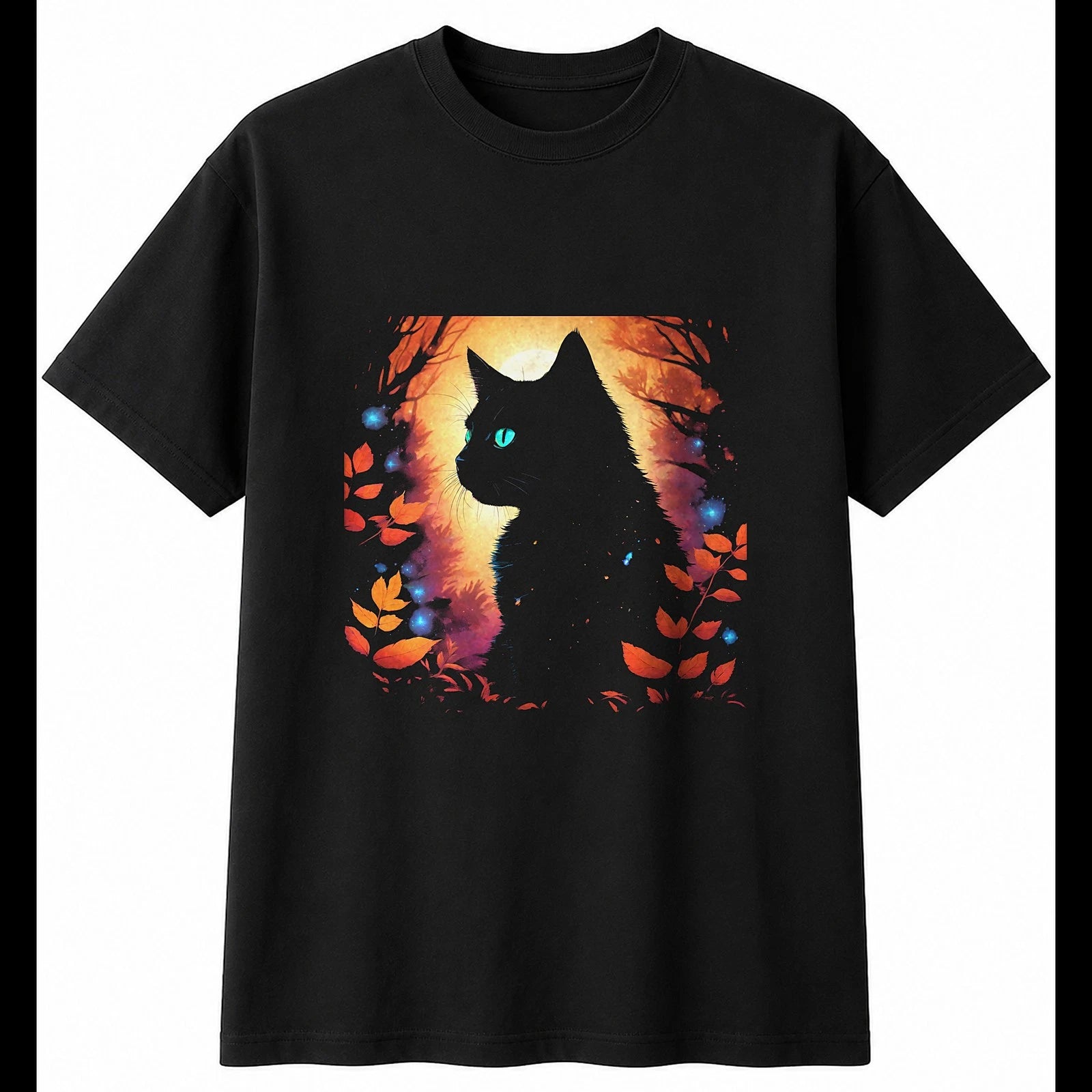 Botanical Kitten Glowing Cat Cute Mens T-Shirt Black 100% Cotton Kawaii Printed