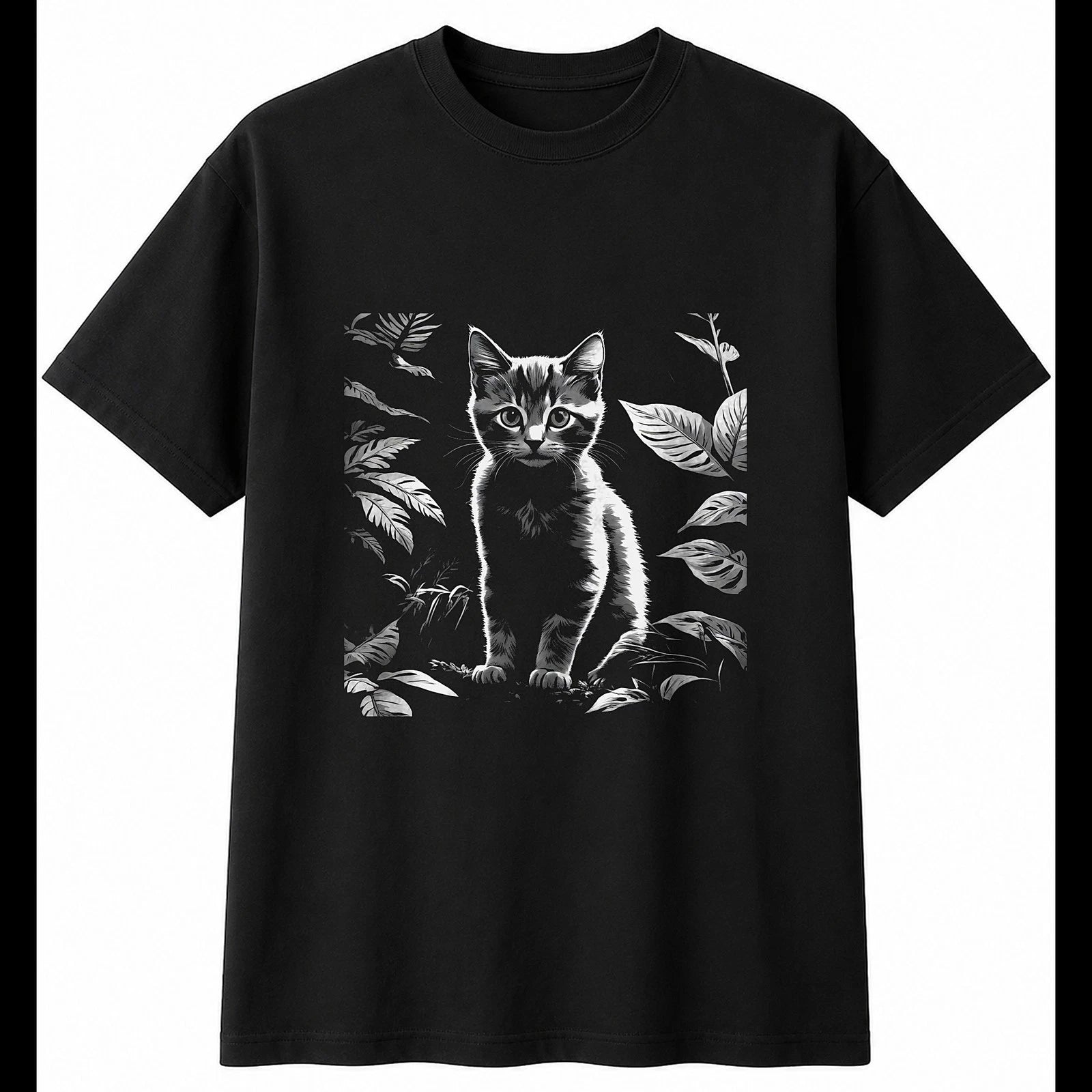 Botanical Kitten Portrait Cat Cute Mens T-Shirt Black 100% Cotton Top Kawaii