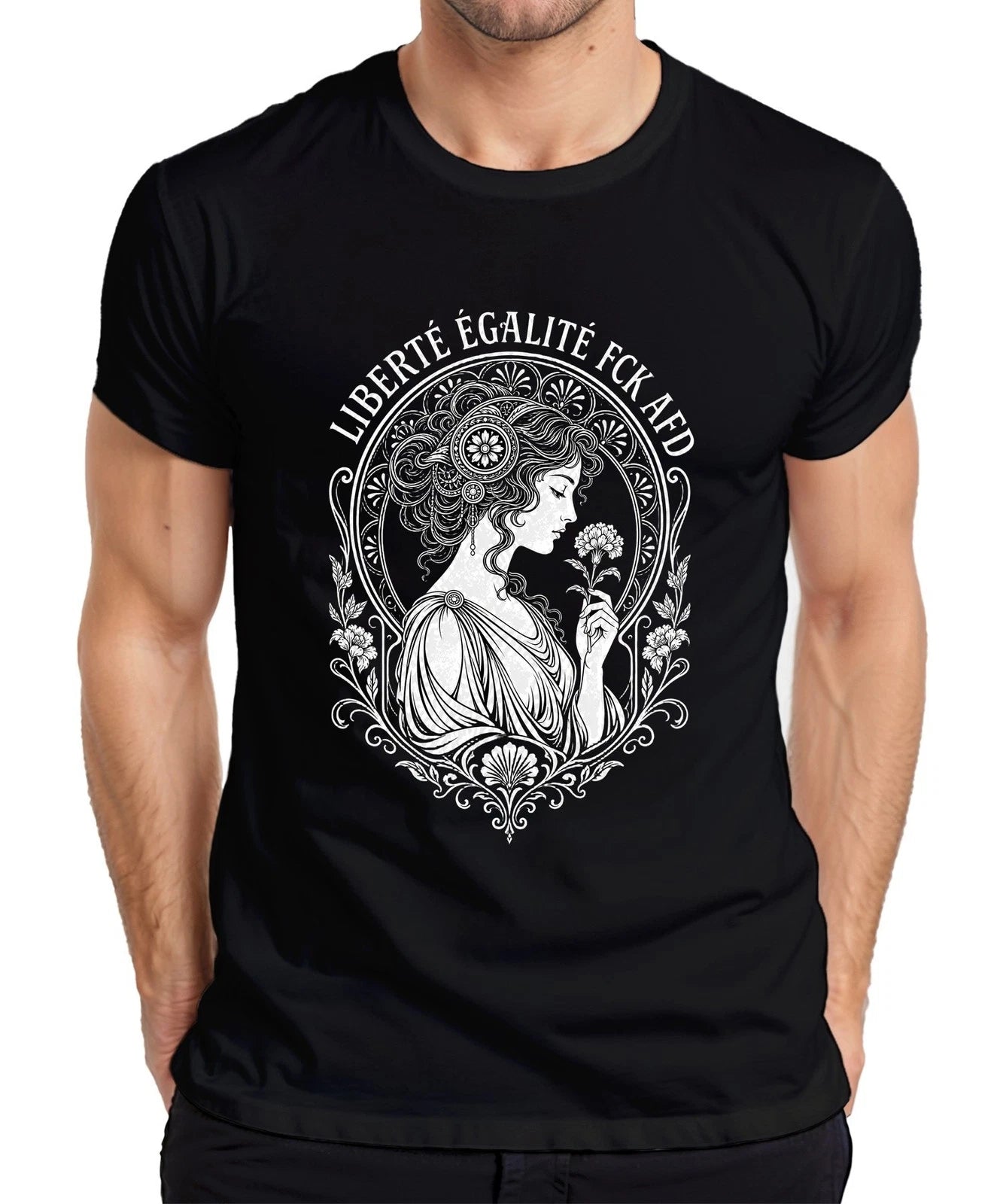 Liberté Égalité FCK AFD Art Nouveau Woman Floral Vintage Politics Mens T-Shirt