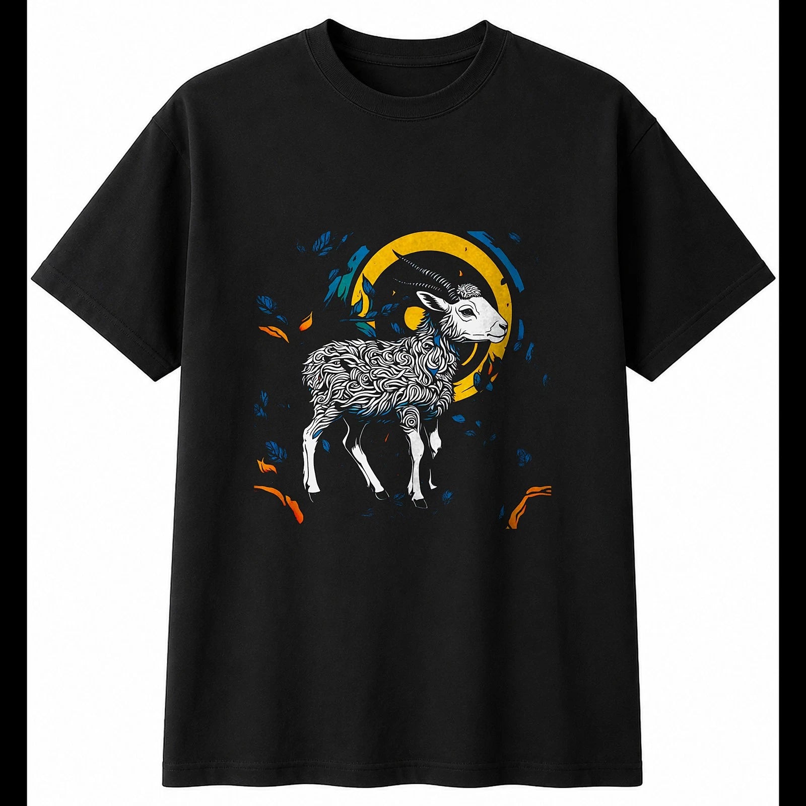 Psychedelic Lamb with Roses Sheep Mens T-Shirt Black 100% Cotton Kawaii