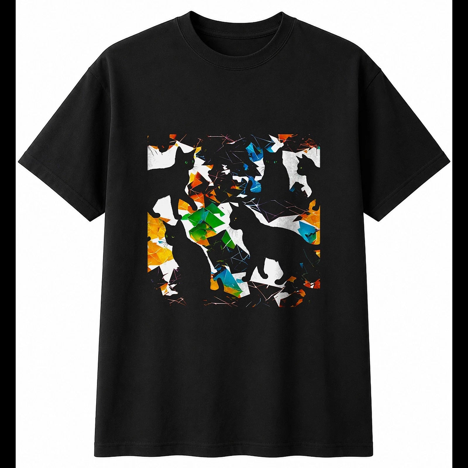 Double Exposure Kitten Shattered Cat Mens T-Shirt Black 100% Cotton Kawaii