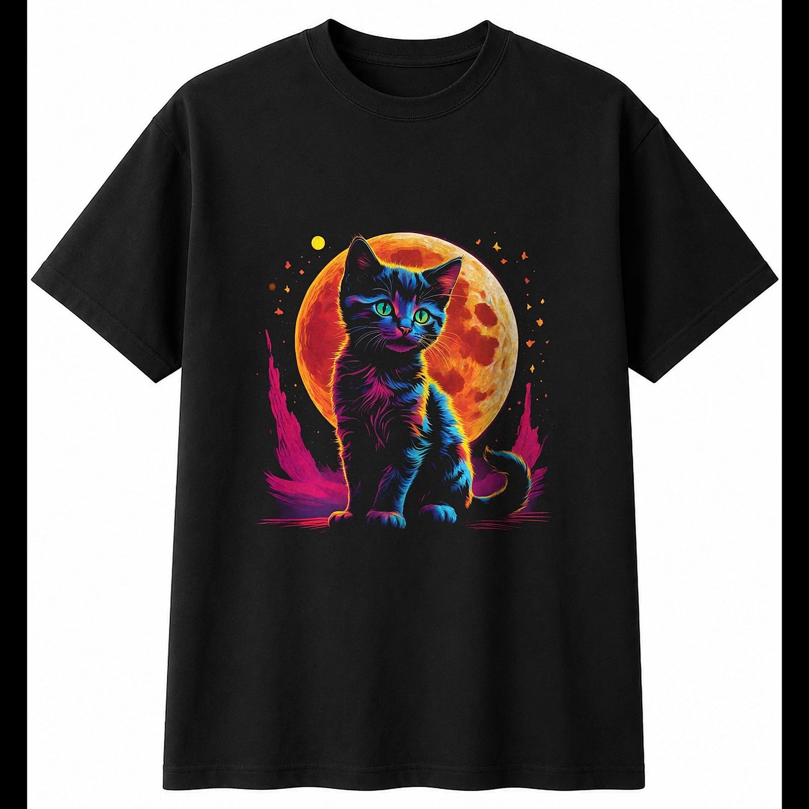Psychedelic Kitten in Moonlight Cat Mens T-Shirt Black 100% Cotton Kawaii