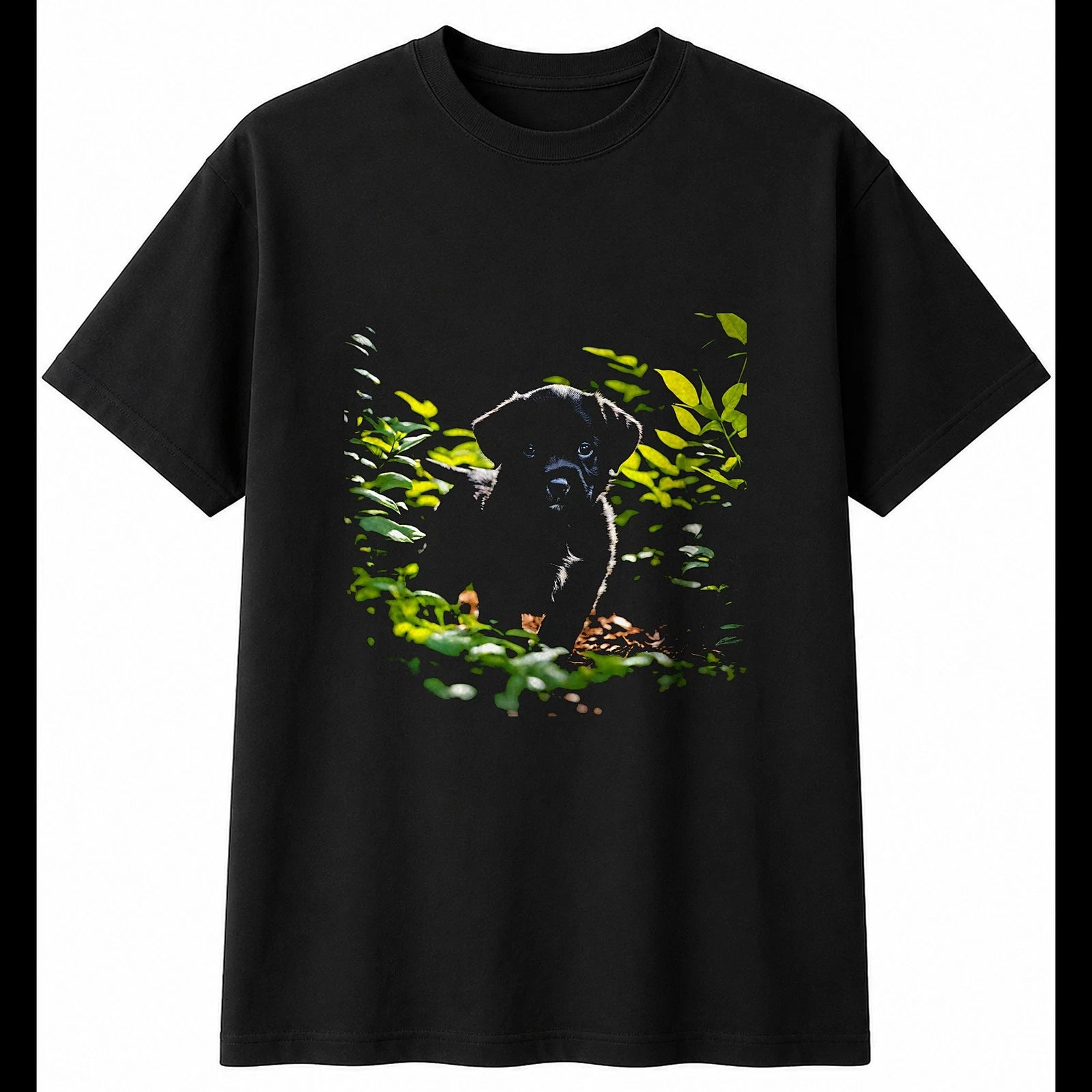 Botanical Puppy in Nature Dog Cute Mens T-Shirt Black 100% Cotton Kawaii