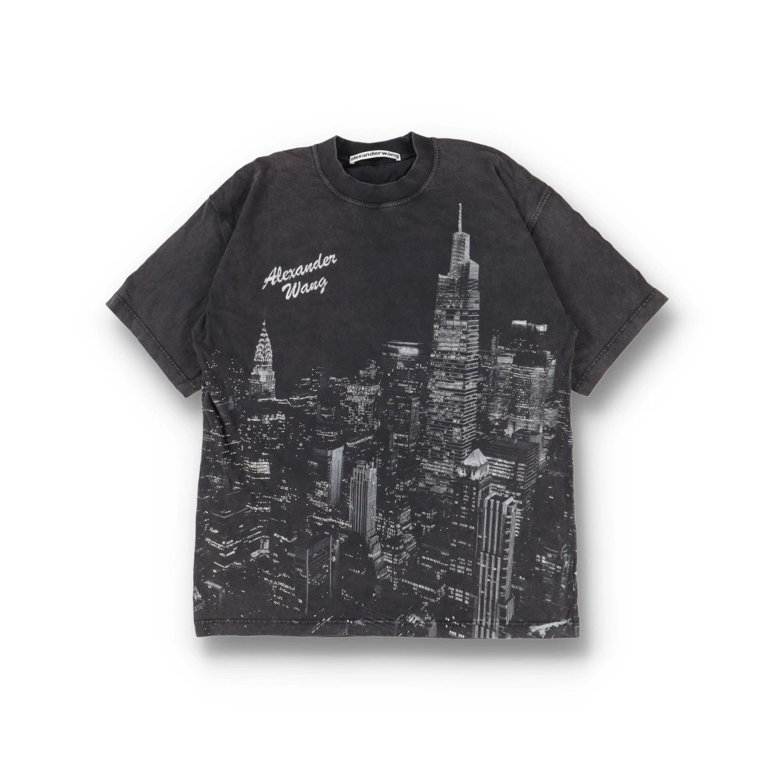 Alexander Wang Washed Black NY Skyline Crystal Hotfix Oversized T-Shirt | Size S