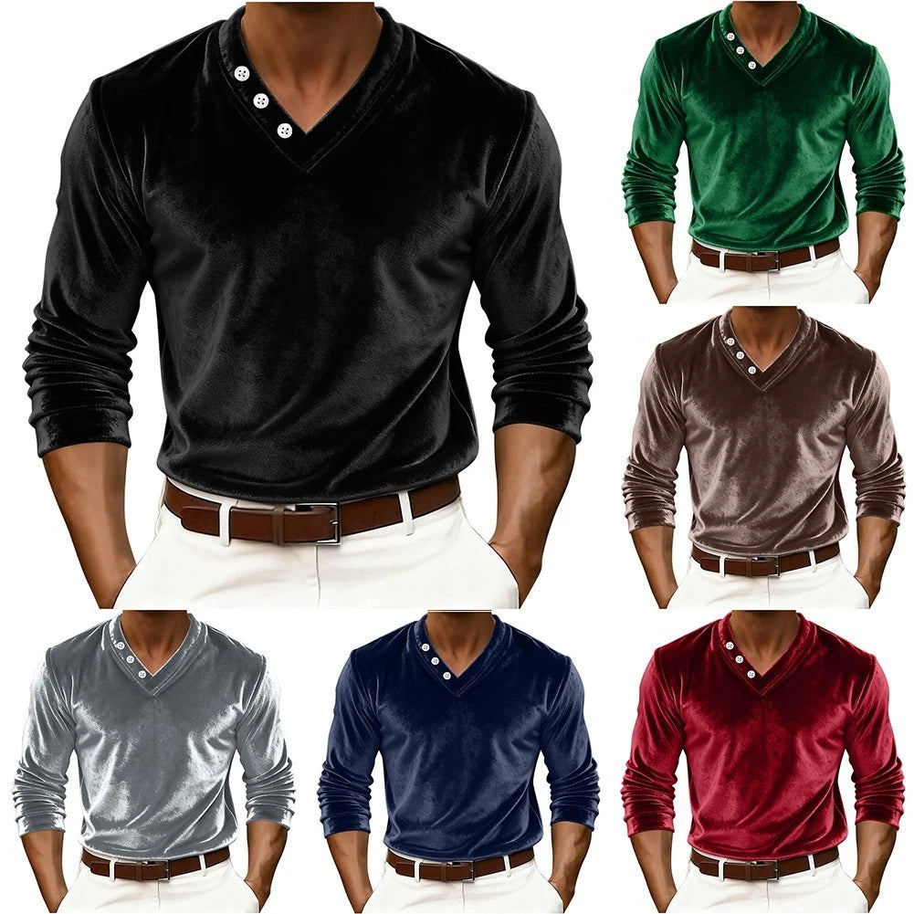 Pullover Velvet Stretch Tee Men V-neck T-shirt Casual Regular Length V-neck