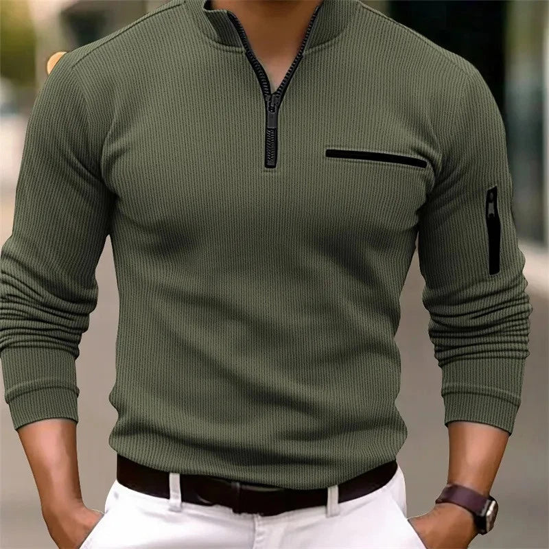 Striped Polo Shirt Men’s Long Sleeve Zipper Casual Retro Outdoor Sportswear Top