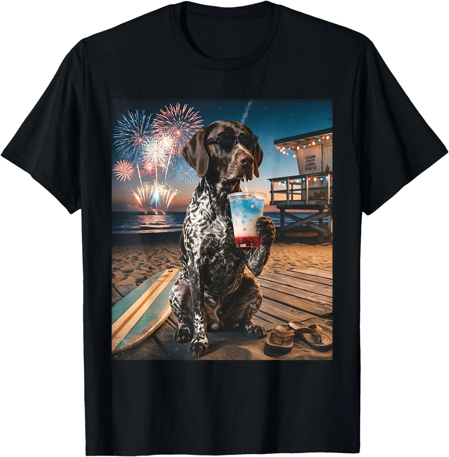 German Shorthaired Pointer Patriotic Beach Fireworks Dog Art T-Shirt