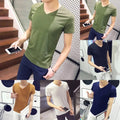 Men Short Sleeve V Neck T Shirt Casual Loose Pullover Base Top Tee Solid Color