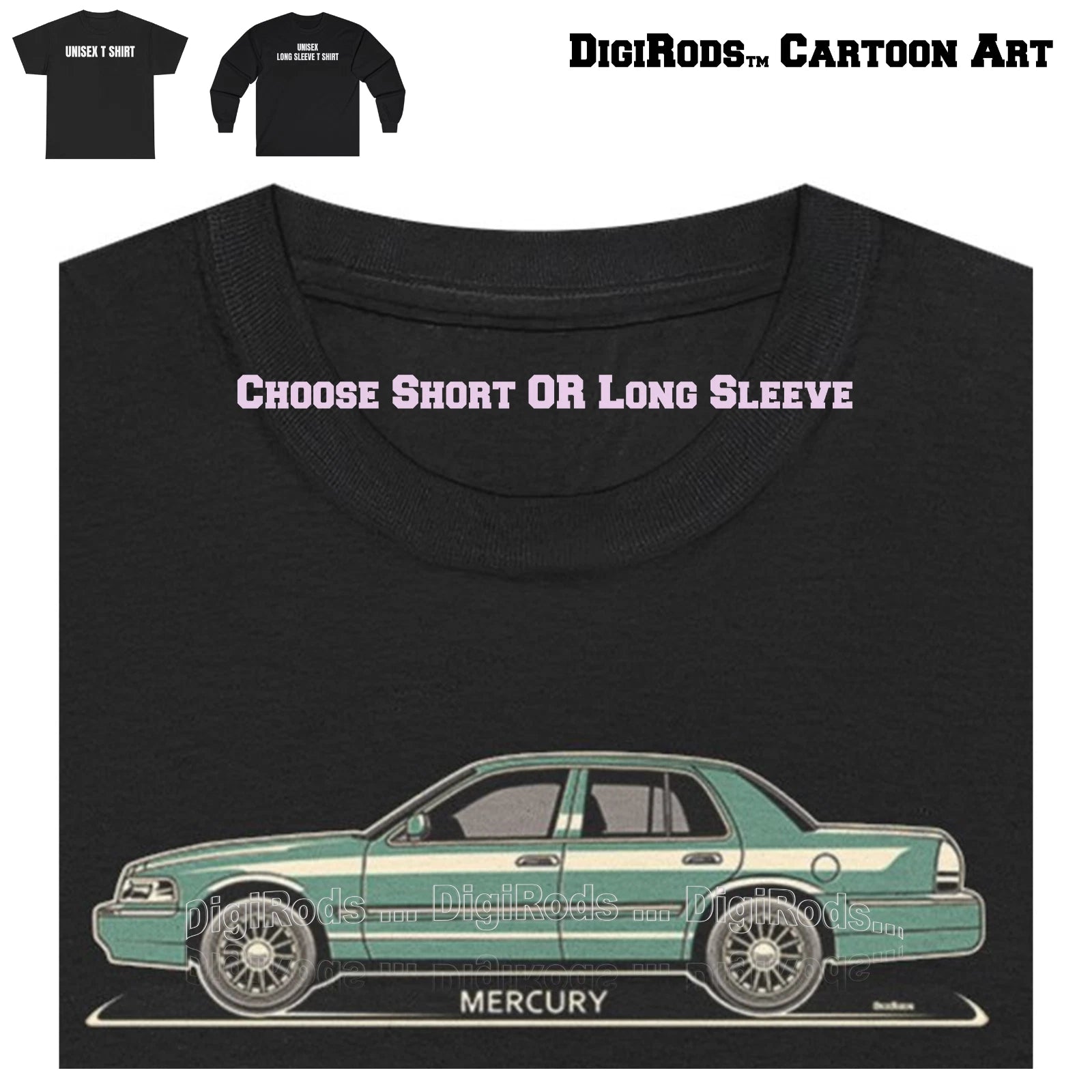 DigiRods Mercury Grand Marquis Sedan Tonal Cartoon Car Black T Shirt