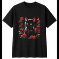 Anime Kitten with Roses Cat Cute Mens T-Shirt Black 100% Cotton Kawaii Present