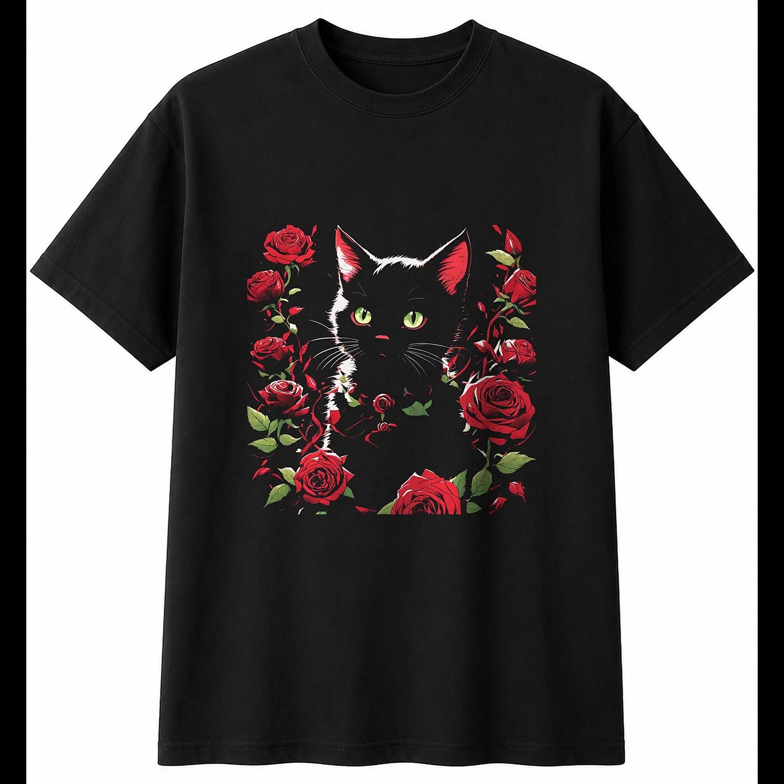 Anime Kitten with Roses Cat Cute Mens T-Shirt Black 100% Cotton Kawaii Present