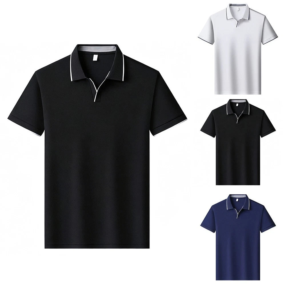 Men's Solid V Neck Lapel T Shirt Short Sleeve Contrast Trim for Work Casual