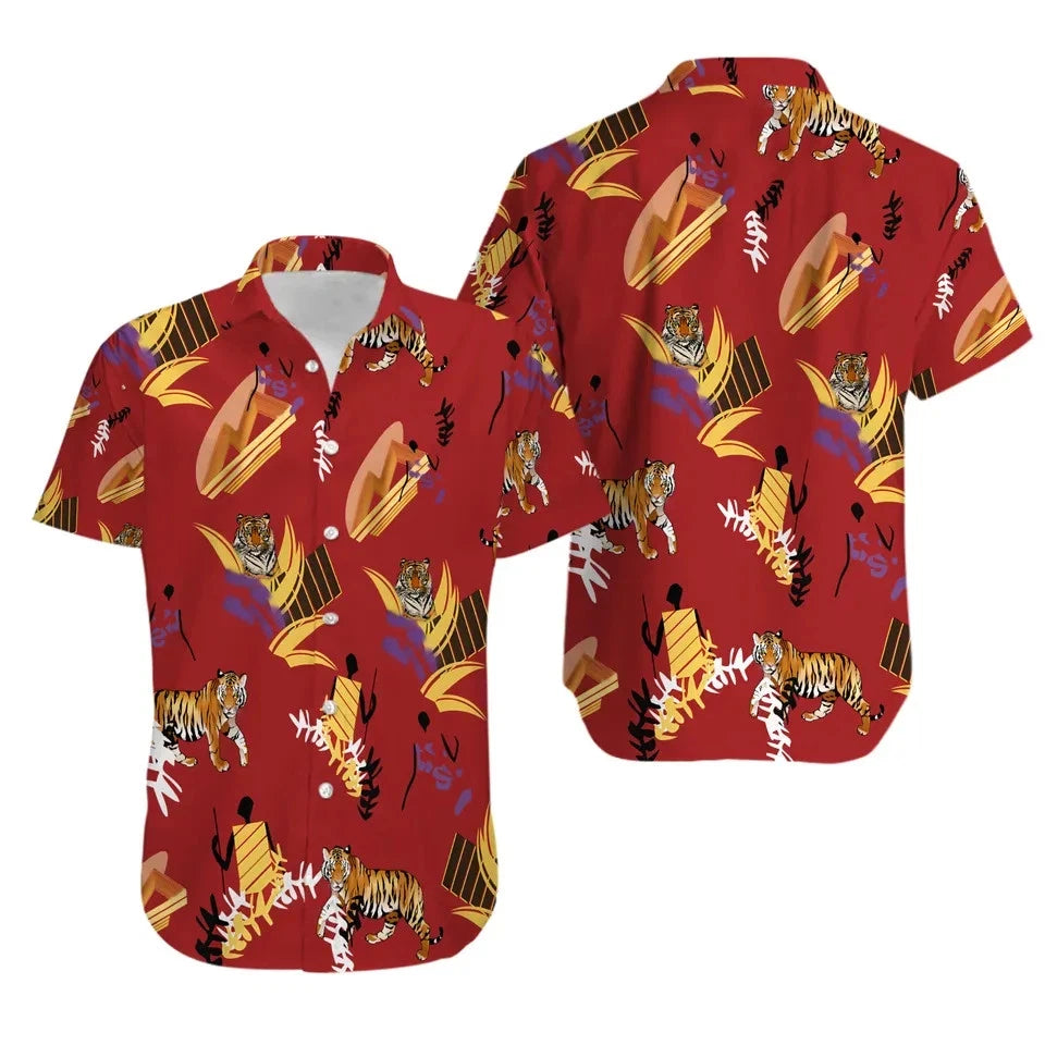 Montana’s red Hawaiian shirt, tropical prints and fierce tigers, Scarface