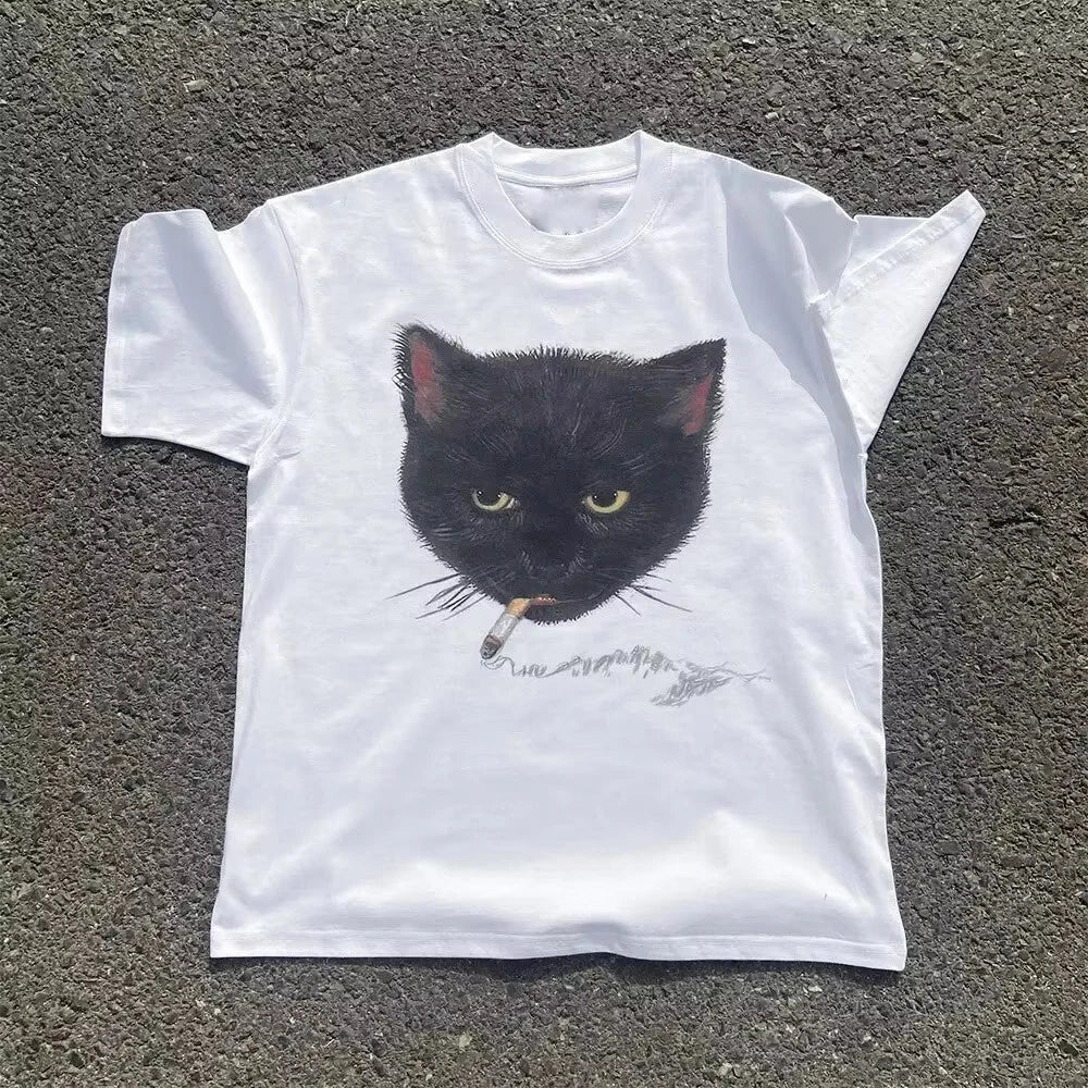 Funny Cat Graphic T Shirt Smoking Cat Streetwear Casual Short Sleeve Tee