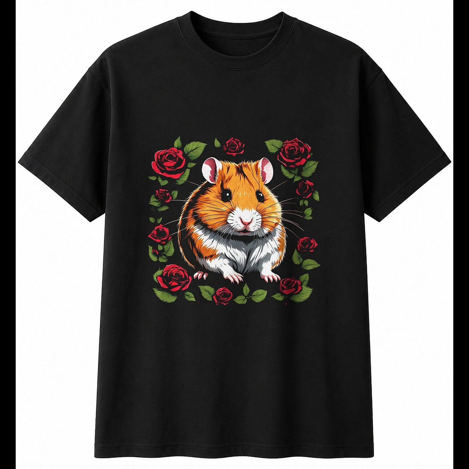 Graphic Syrian Hamster with Roses Cute Mens T-Shirt Black 100% Cotton Kawaii