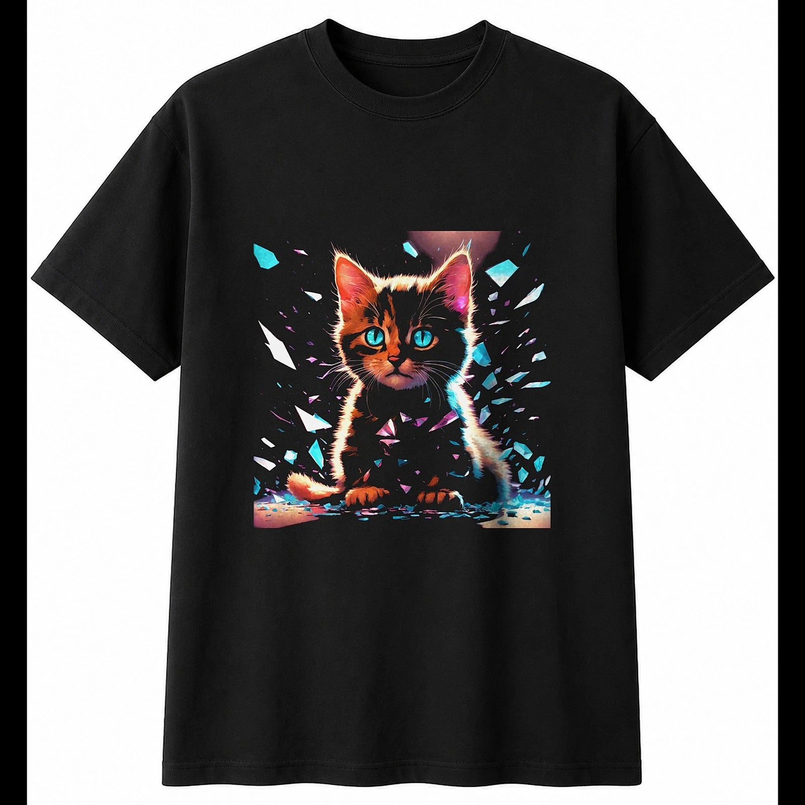 Fantasy Art Kitten Shattered Cat Mens T-Shirt Black 100% Cotton Kawaii Adorable