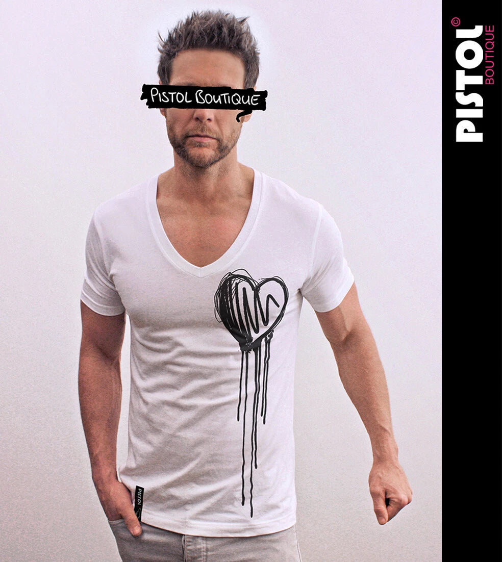 Pistol Boutique Men's Fitted White Deep V Neck SKETCH DRIBBLE LOVE HEART T-shirt