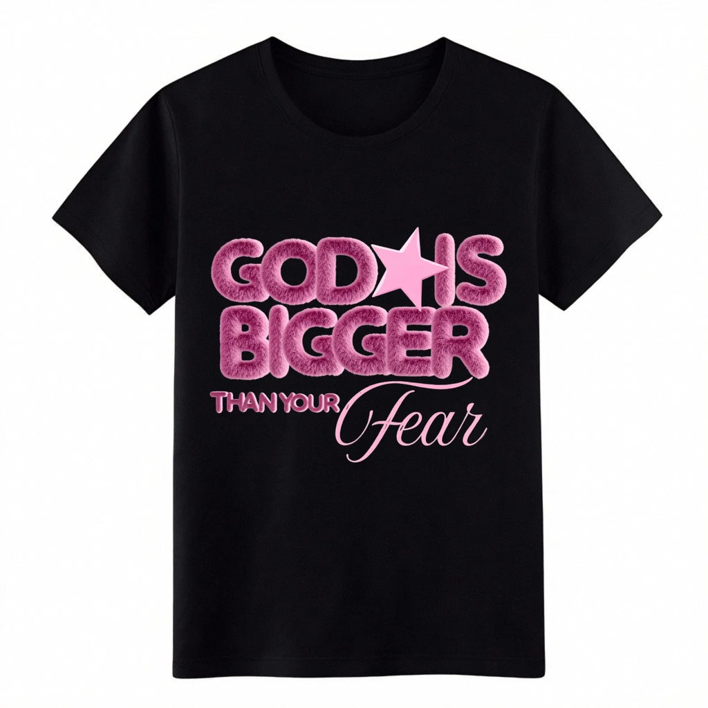 "God Is Bigger Than Your Fear" Pink Fuzzy Christian Inspirational T-Shirt