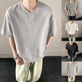 Men's Solid Color Textured T Shirt V Neck Short Sleeve Loose Casual Street