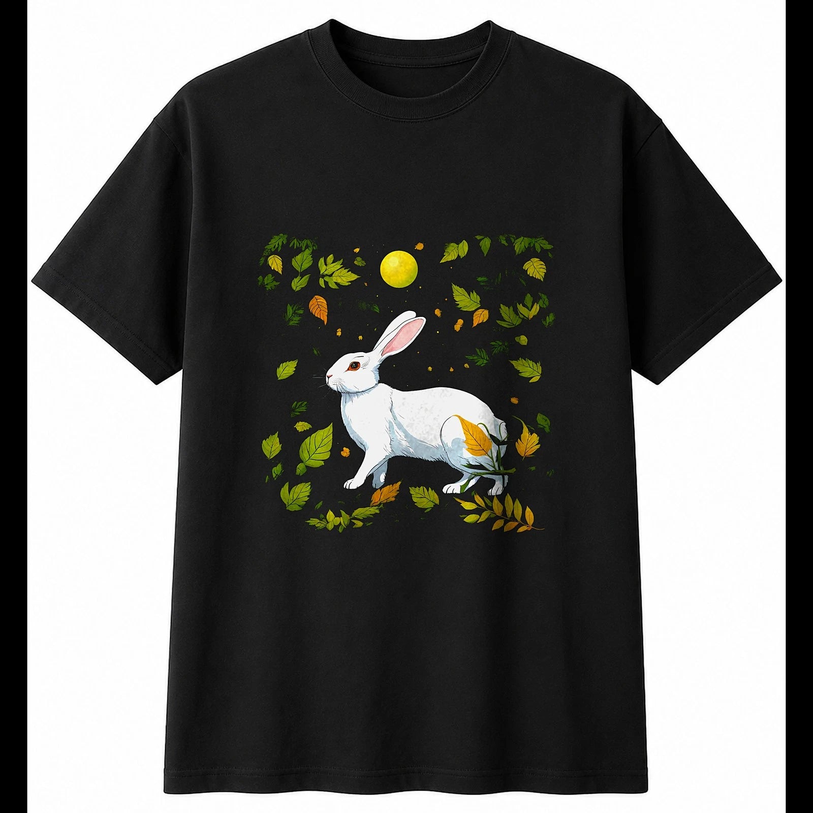 Botanical Lop Rabbit Mens T-Shirt Cute Black 100% Cotton Graphic Tee