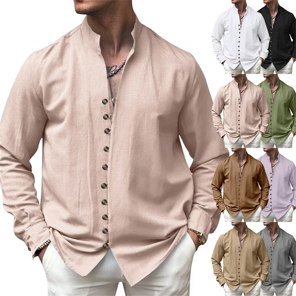 Men's Linen Shirt Casual Slim Shirts Long Sleeve Button Down Tops Blouse