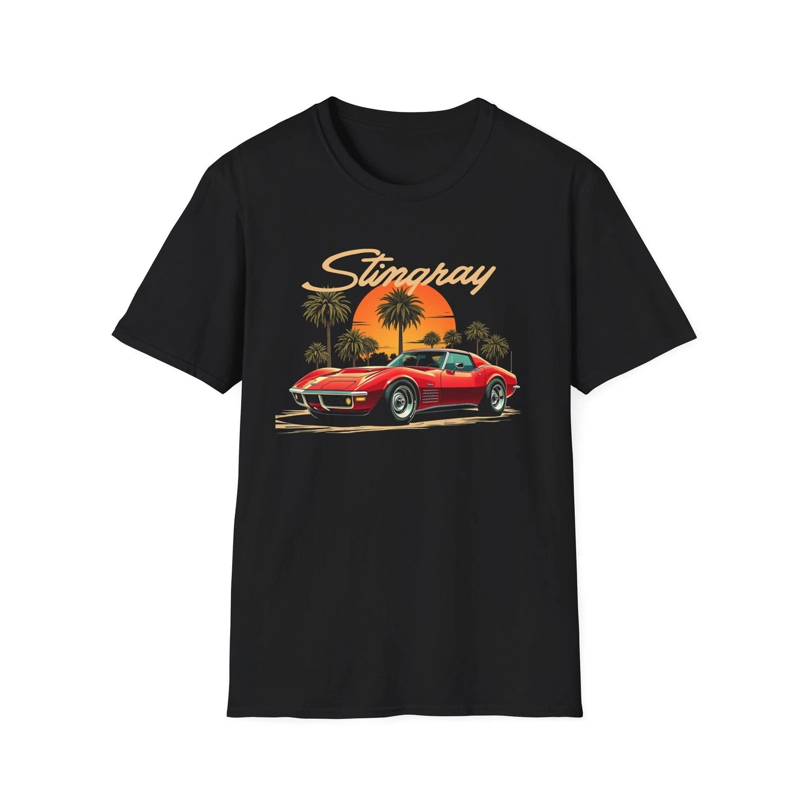 Classic Corvette Stingray TShirt Red C3 Muscle Car Sunset Palm Trees Graphic Tee