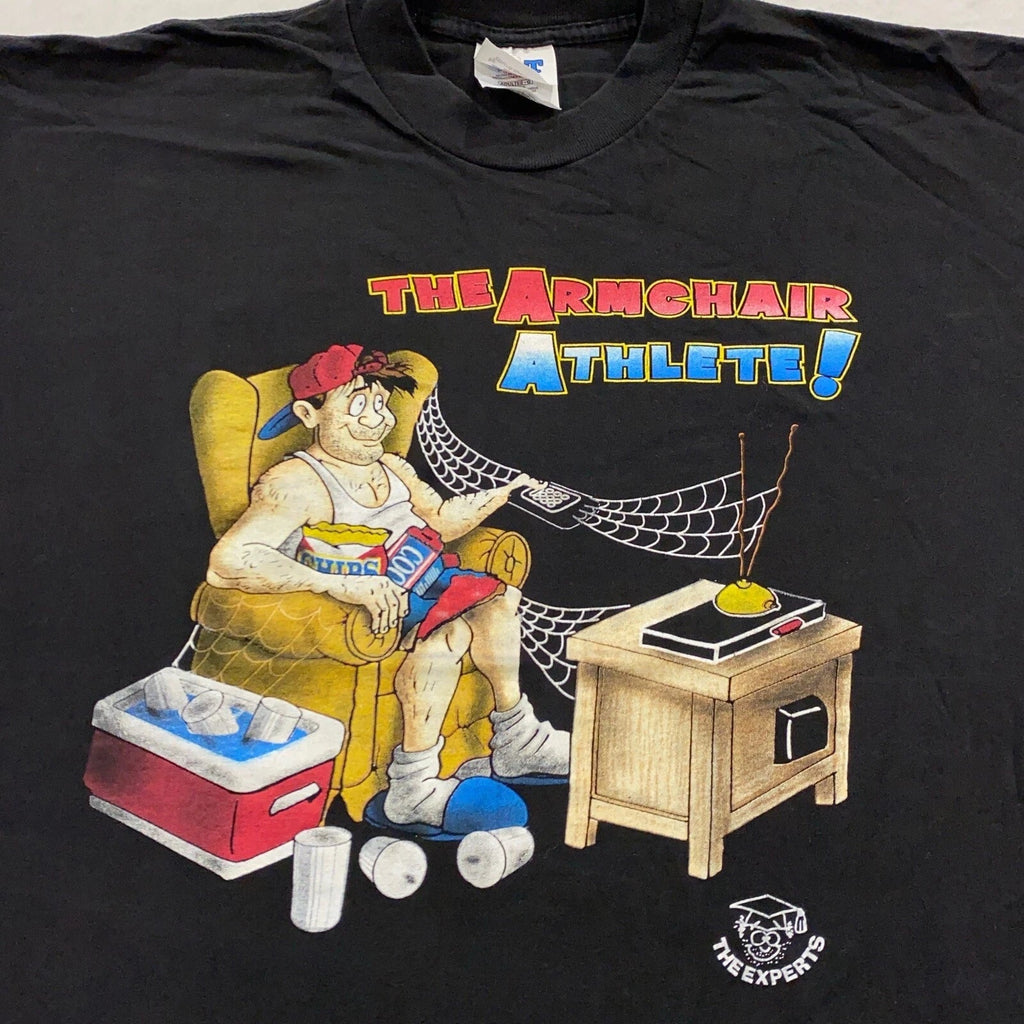 vintage 90s THE ARMCHAIR ATHLETE CARTOON LAZY JOKE T-Shirt LARGE soft