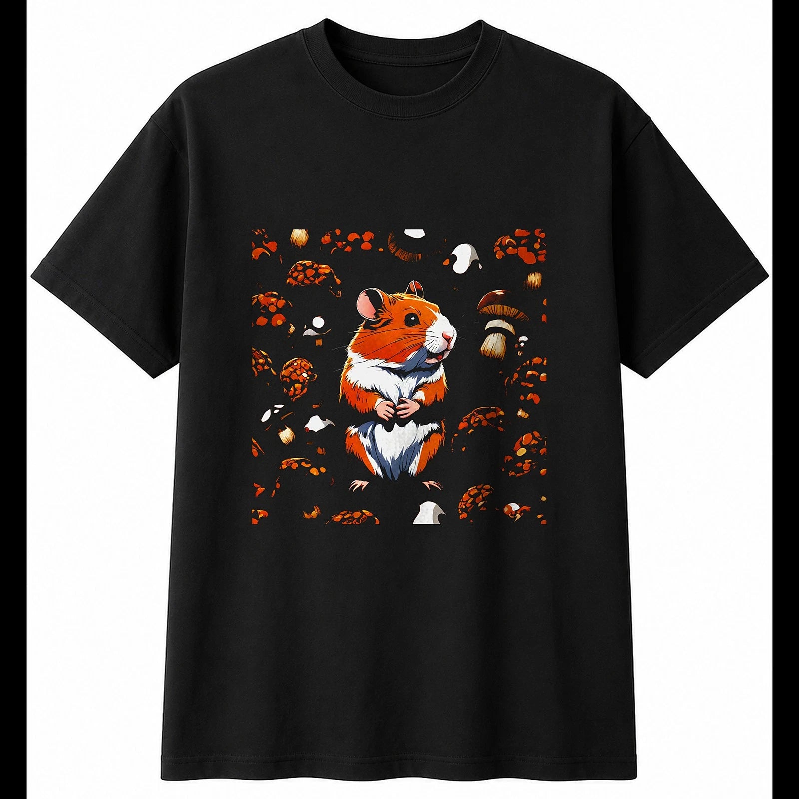 Anime Syrian Hamster with Mushrooms Cute Mens T-Shirt Black 100% Cotton Kawaii