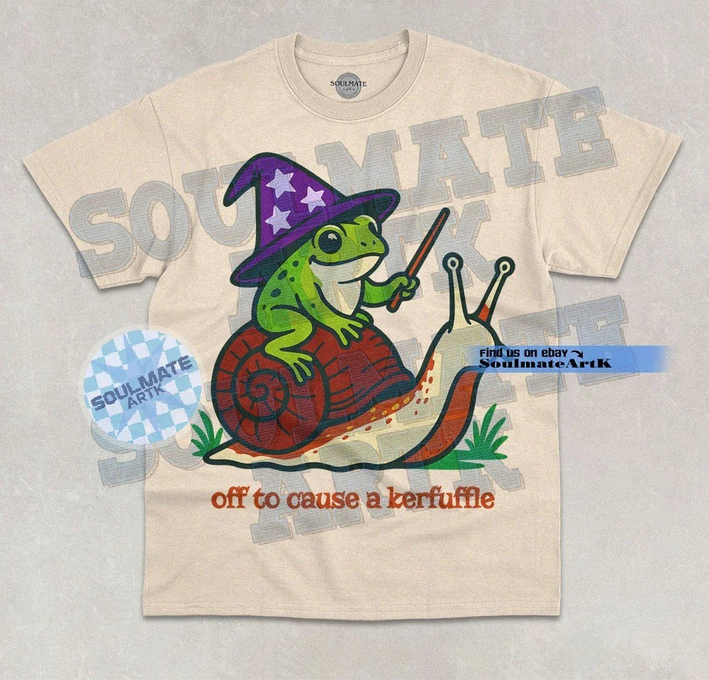 Off To Cause A Kerfuffle T-Shirt Funny Wizard Frog On Snail Meme Graphic Shirt