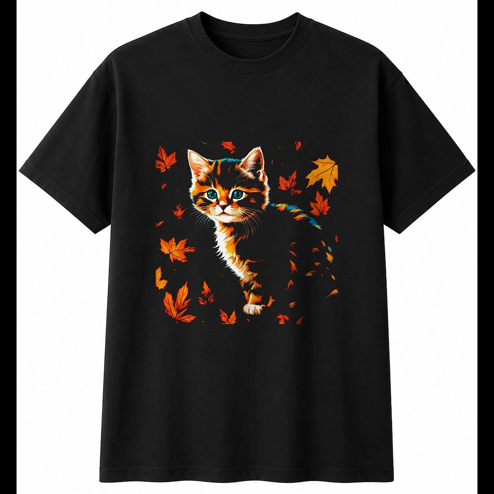 Colourful Kitten in Autumn Cat Cute Mens T-Shirt Black 100% Cotton Kawaii