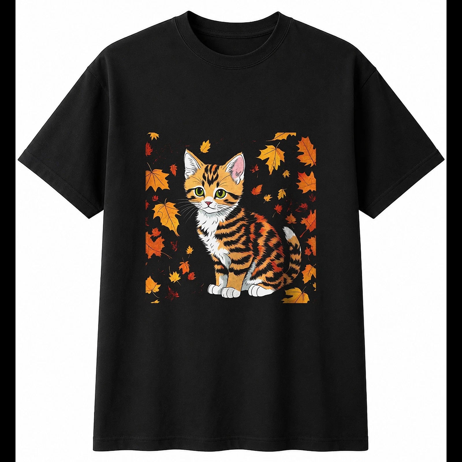 Graphic Kitten in Autumn Cat Mens T-Shirt Black 100% Cotton Kawaii Birthday