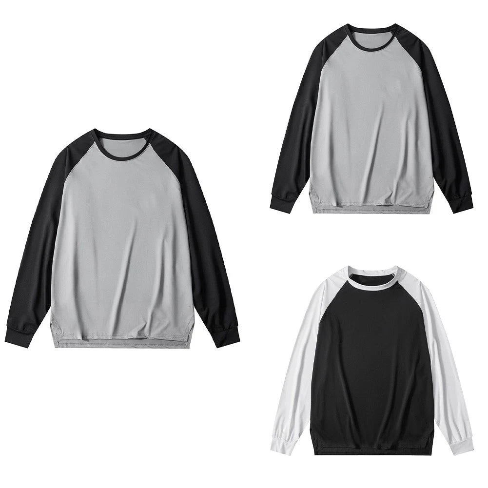 Men Color Block O-Neck Long Sleeve Casual T Shirt Polyester Loose Pullover