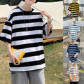 Striped Loose Fit Men Short Sleeve Sweatshirt Round Neck Streetwear Tee
