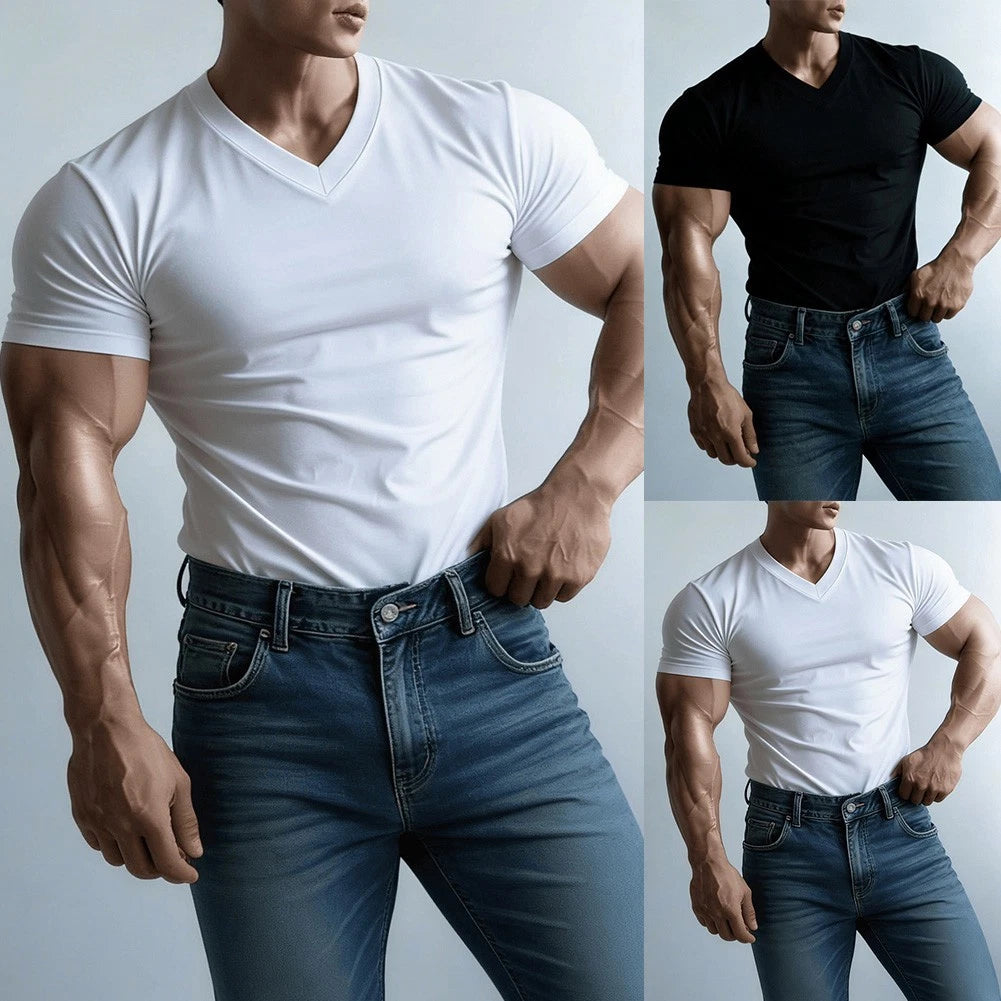 Men's Regular Length Short Sleeve V Neck T Shirt Solid Color Streetwear Top