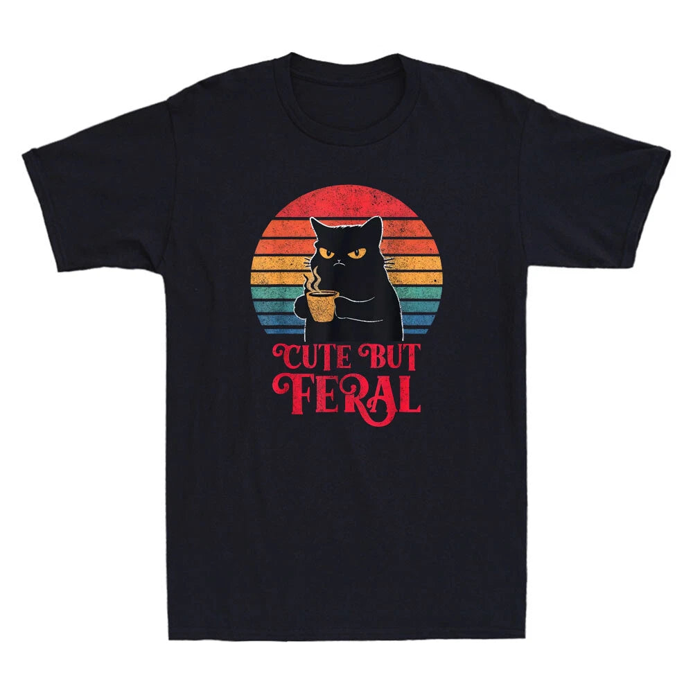 Cute But Feral Funny Cat Drinking Coffee Graphic Humor Quote Retro Men's T-Shirt