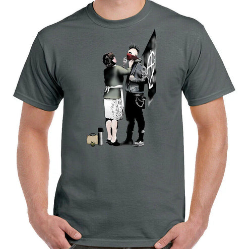 Banksy T-Shirt Mens Punk Street Art Graffiti Skinhead Top Rock Music Anarchy