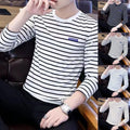 Men Stripe Long Sleeve Round Neck T-Shirt Korean Fashion Casual Base Layer Top