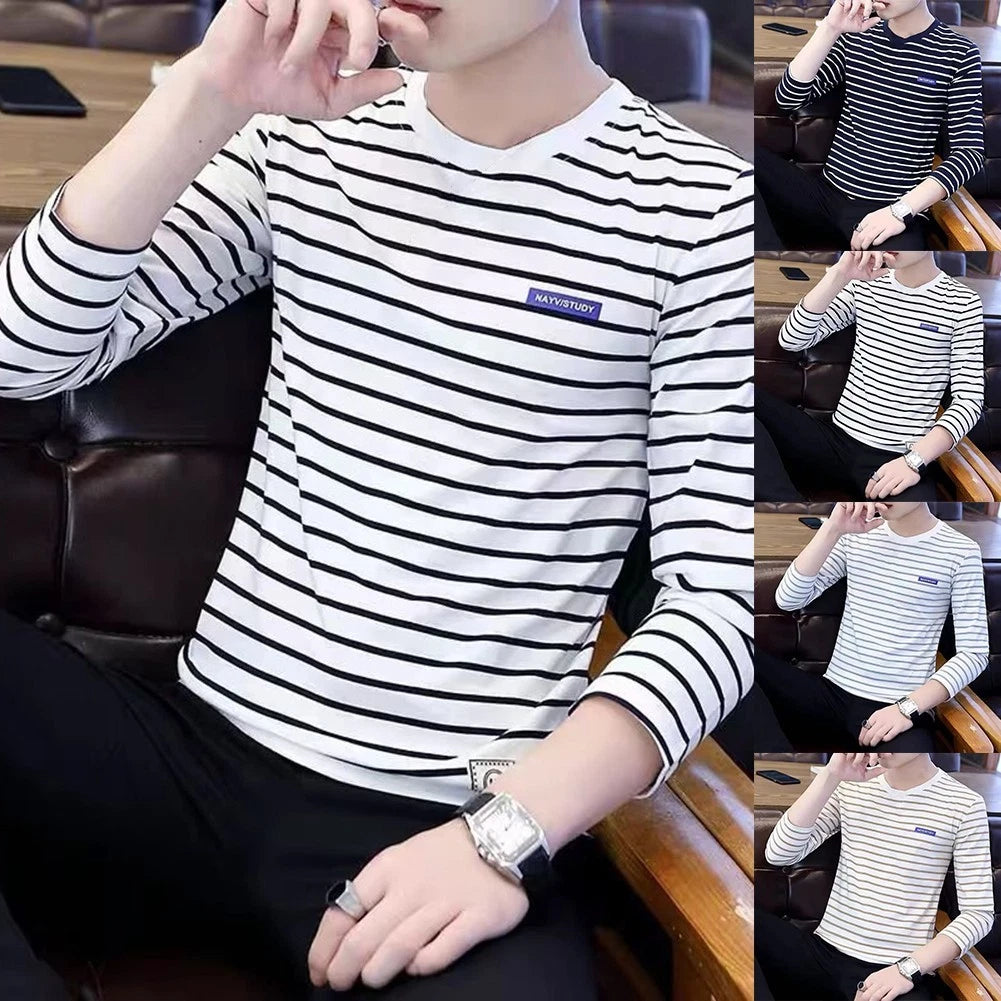 Men Stripe Long Sleeve Round Neck T-Shirt Korean Fashion Casual Base Layer Top